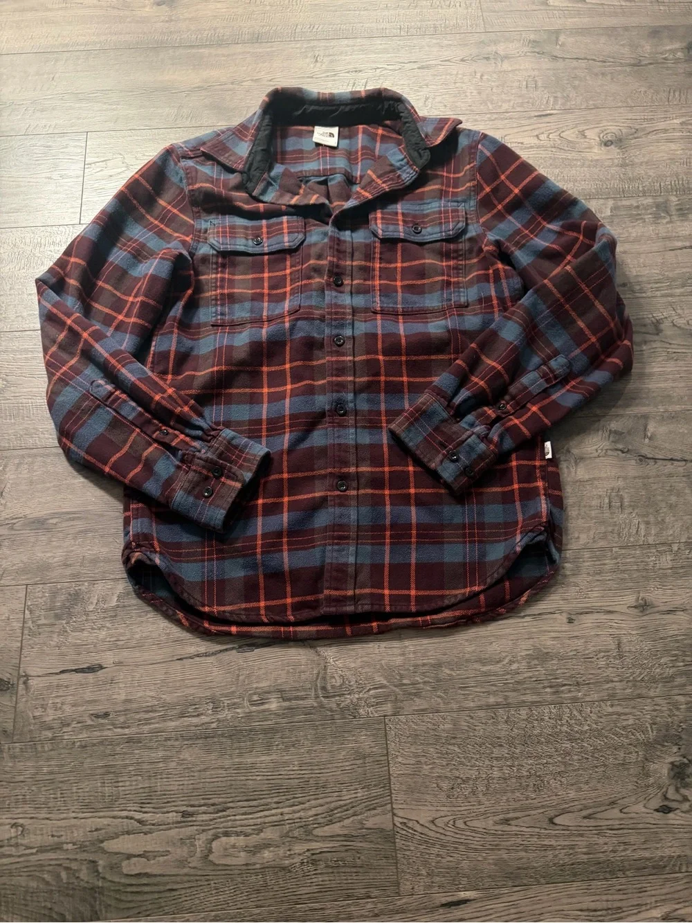 The North Face Mens Small Plaid Button Up Flannel Shirt Blue Orange S